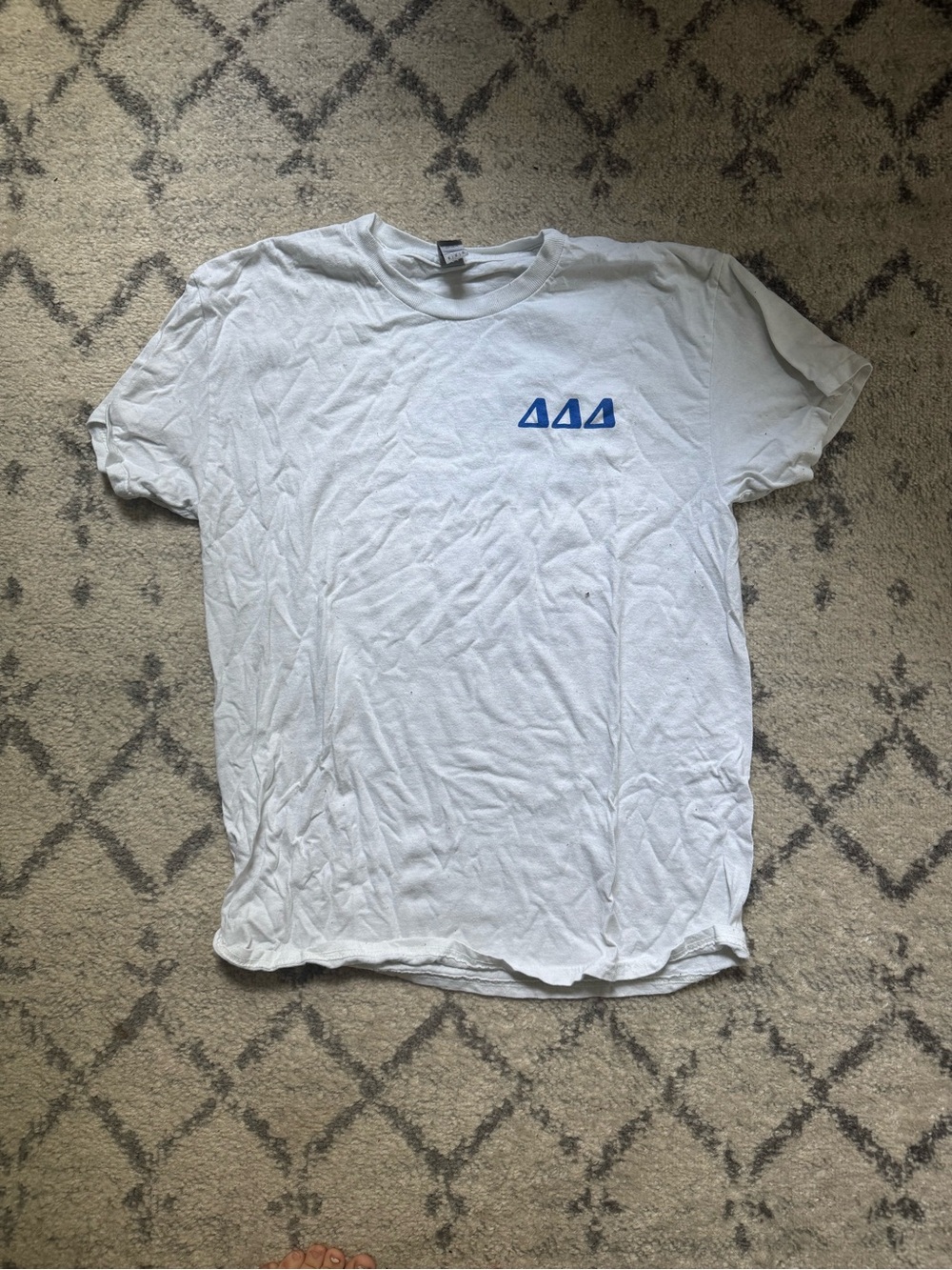 White Short-Sleeve Crewneck T-Shirt with Blue Tri Delta Logo
